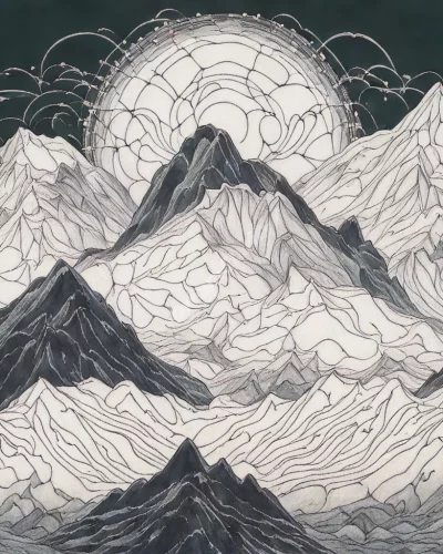 Majestic mountains with dream symbols hidden in their contours, representing challenges and aspirations.