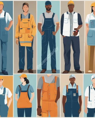 Overalls transforming into various work uniforms, symbolizing roles and responsibilities.