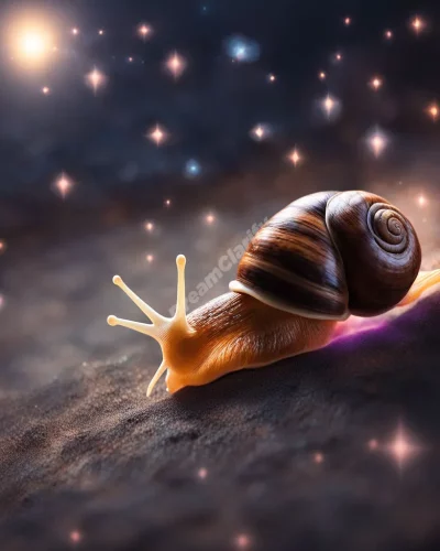 A snail leaving a trail of glowing dream symbols, representing slow but steady progress.