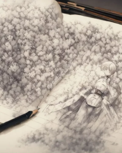 Anime characters emerging from a sketchbook, symbolizing imagination and storytelling.