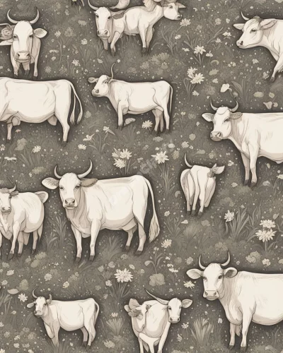 Cows grazing in a field of dream symbols, representing nourishment and abundance.