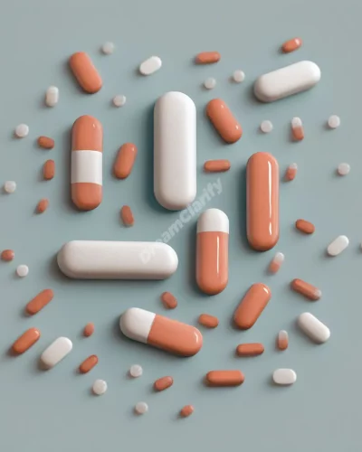 Pills dissolving to reveal dream symbols, representing altered states and escapism.