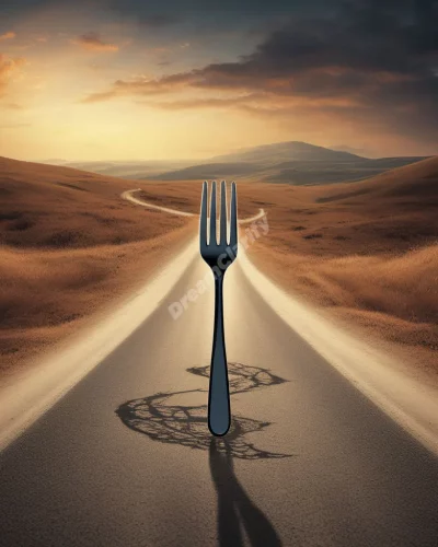 A fork in a road leading to different dream landscapes, symbolizing life choices.