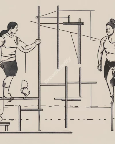 A personal trainer guiding a figure through obstacle courses of dream symbols, representing self-improvement.