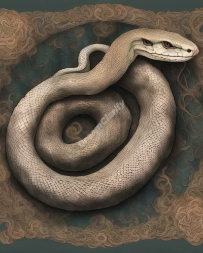 A snake shedding its skin to reveal dream symbols, representing transformation and hidden wisdom.