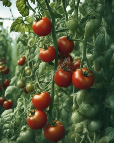 Tomatoes growing on vines, each revealing a different dream scene when cut, representing fertility and hidden truths.