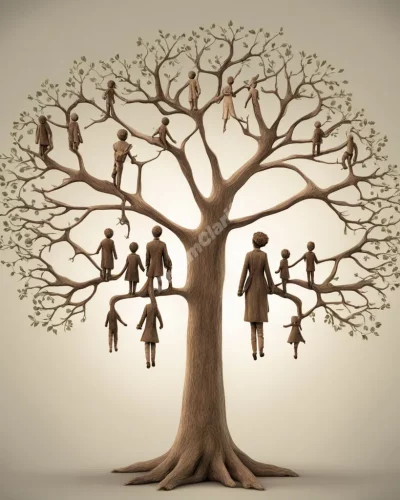 Grandchildren figures growing from family tree branches, representing legacy and future generations.