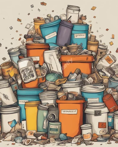 Objects and symbols overflowing from various containers, representing abundance or overwhelm.