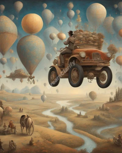 A figure riding various vehicles through dream landscapes, representing life's journey.