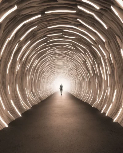 A tunnel with walls revealing different dream scenes as one passes through, representing transition.