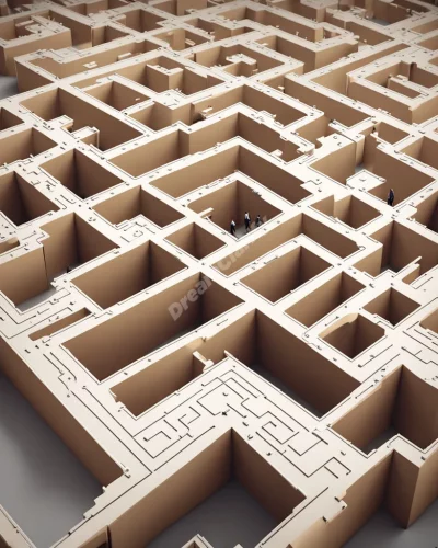 Office desks arranged to form a maze of dream symbols, representing work relationships.