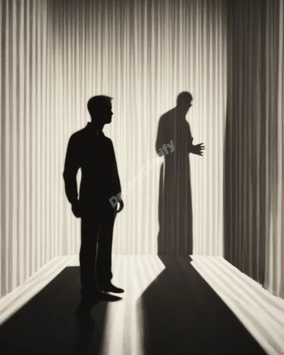 A figure under a spotlight answering to shadowy forms, representing self-examination and judgment.