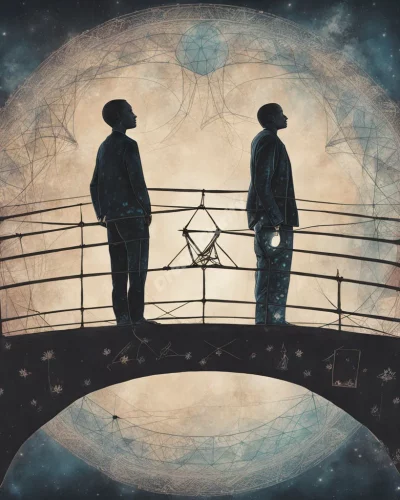 Two dreamers connected by a bridge of shared symbols, representing shared subconscious experiences.