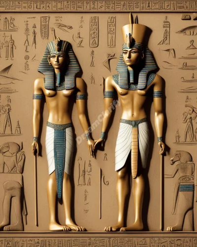 A pharaoh figure with hieroglyphics coming to life as dream symbols, representing ancient wisdom and power.