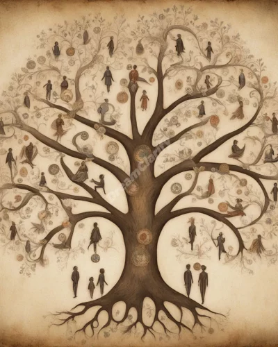 Ancestral figures forming a family tree with dream symbols as leaves, representing heritage and lineage.