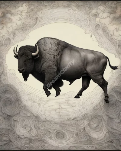 A buffalo charging through barriers of dream symbols, representing strength and abundance.