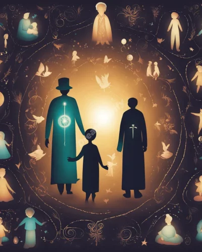 Grandparent figures surrounded by a glow of wisdom and dream symbols, representing guidance and family history.