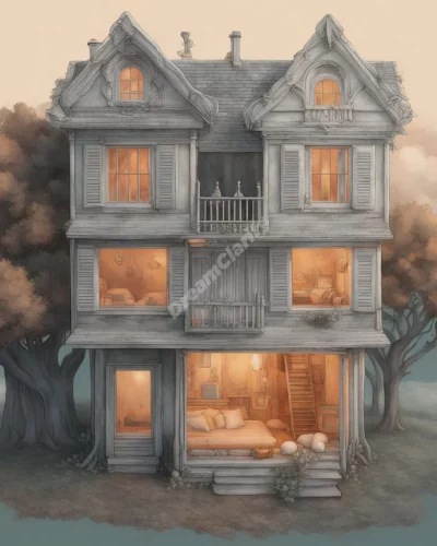 A house with rooms revealing different dream scenes, representing the self and personal space.