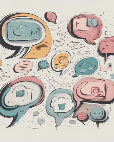 Speech bubbles overlapping and cutting each other off, filled with dream symbols, representing disrupted communication.