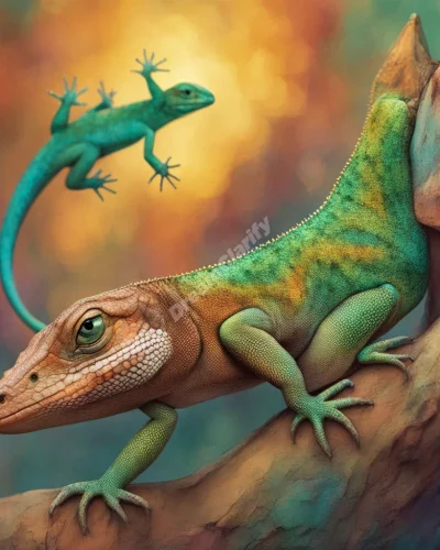 Lizards changing colors to blend with various dream backgrounds, representing adaptability and survival instincts.