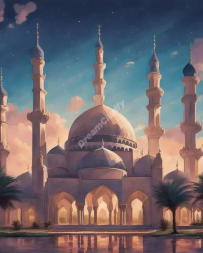 A mosque with minarets reaching into dream-filled skies, representing spiritual connection and community.