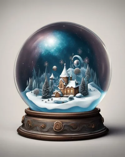 A snow globe shaken to reveal swirling dream symbols, representing a contained world of wonder.