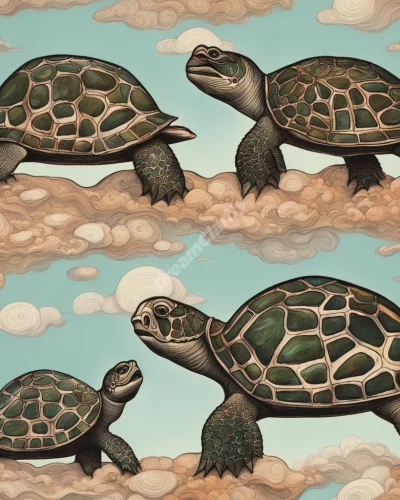 Turtles with shells revealing different dream landscapes, representing protection and longevity.