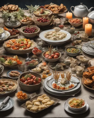 A buffet table with dishes transforming into dream symbols, representing choices and abundance.