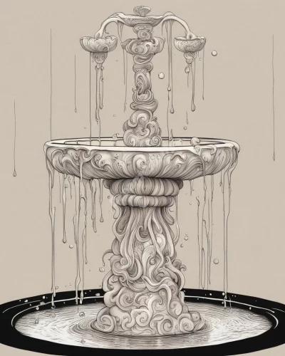 A fountain with water forming dream symbols as it flows, representing emotional outpouring and renewal.