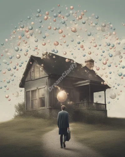 A figure returning to a home filled with memory bubbles, representing nostalgia and belonging.