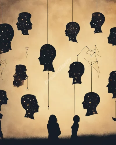 Silhouettes of people fading into dream symbols, representing past connections and memories.