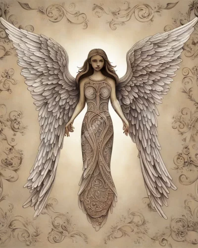 Angels with wings made of dream symbols, representing guidance and spiritual messages.