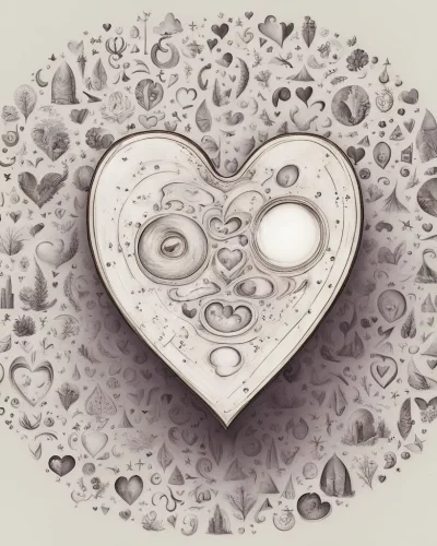 A heart-shaped lens focusing on a crush figure made of dream symbols, representing attraction and idealization.