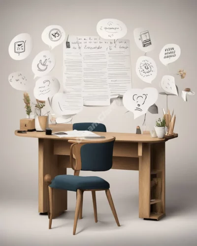 An interview desk with questions forming dream symbols, representing self-evaluation and opportunity.