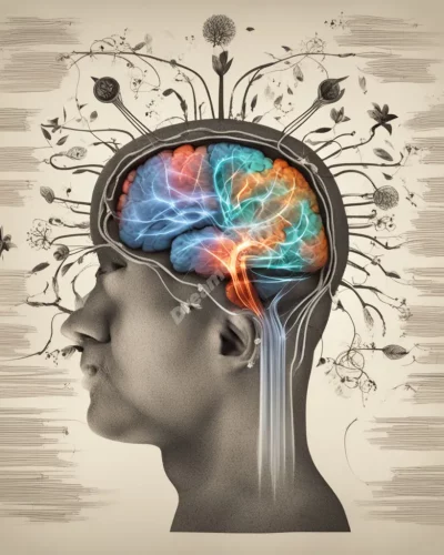 A brain with sections lighting up with different dream symbols, representing altered mental states.