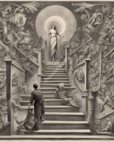 A figure ascending a staircase of dream symbols, representing progress and elevation.