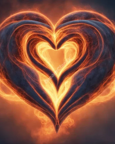 Two flames intertwining to form a heart of dream symbols, representing deep connection and destiny.