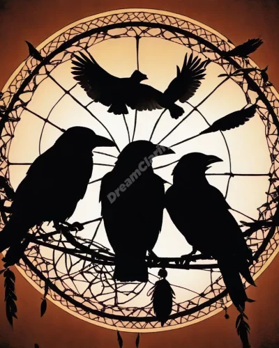 Crows perched on a dreamcatcher, representing mystery and transformation in crow dreams.