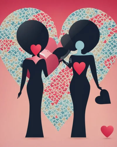 Two figures of the same gender surrounded by heart symbols, representing love and identity.