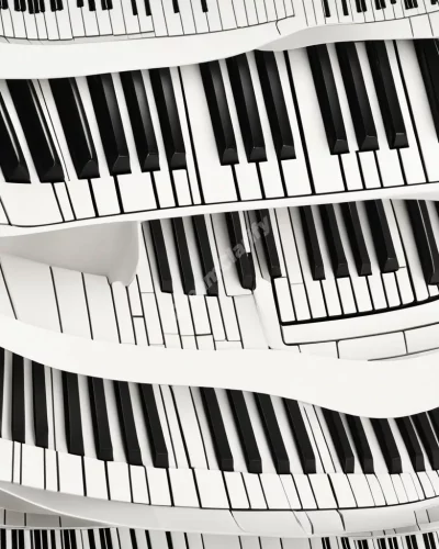 Piano keys playing themselves, creating visible music notes, symbolizing harmony and expression.