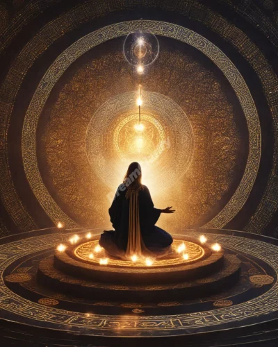 A figure performing a mystical ritual, surrounded by glowing symbols, representing ceremony.