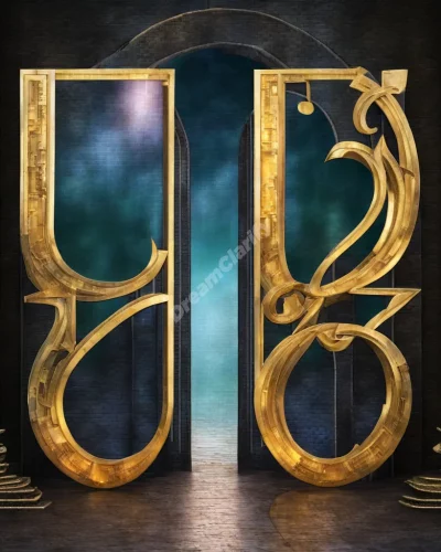 Two giant numbers forming a gateway to a dream realm, symbolizing numerology and choices.