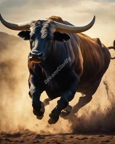 A powerful bull charging through obstacles, representing strength and determination in dreams.