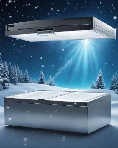 A freezer opening to reveal a winter wonderland, representing preserved emotions or memories.