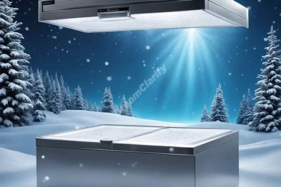 A freezer opening to reveal a winter wonderland, representing preserved emotions or memories.