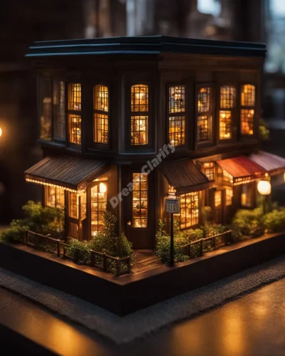 A miniature hometown with glowing windows revealing memories, representing roots and nostalgia.