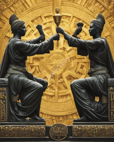 Two figures in a competitive stance, surrounded by victory symbols, representing challenge in rival dreams.