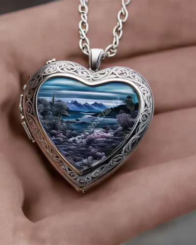 A heart-shaped locket revealing different dream scenes when opened, symbolizing cherished memories.