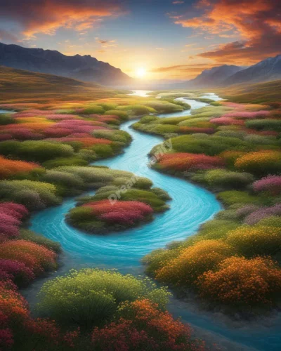 A river flowing through different dream landscapes, symbolizing the journey of life.