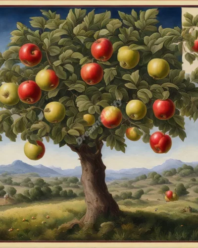 An apple tree with fruit revealing different dream scenes when bitten, symbolizing knowledge.